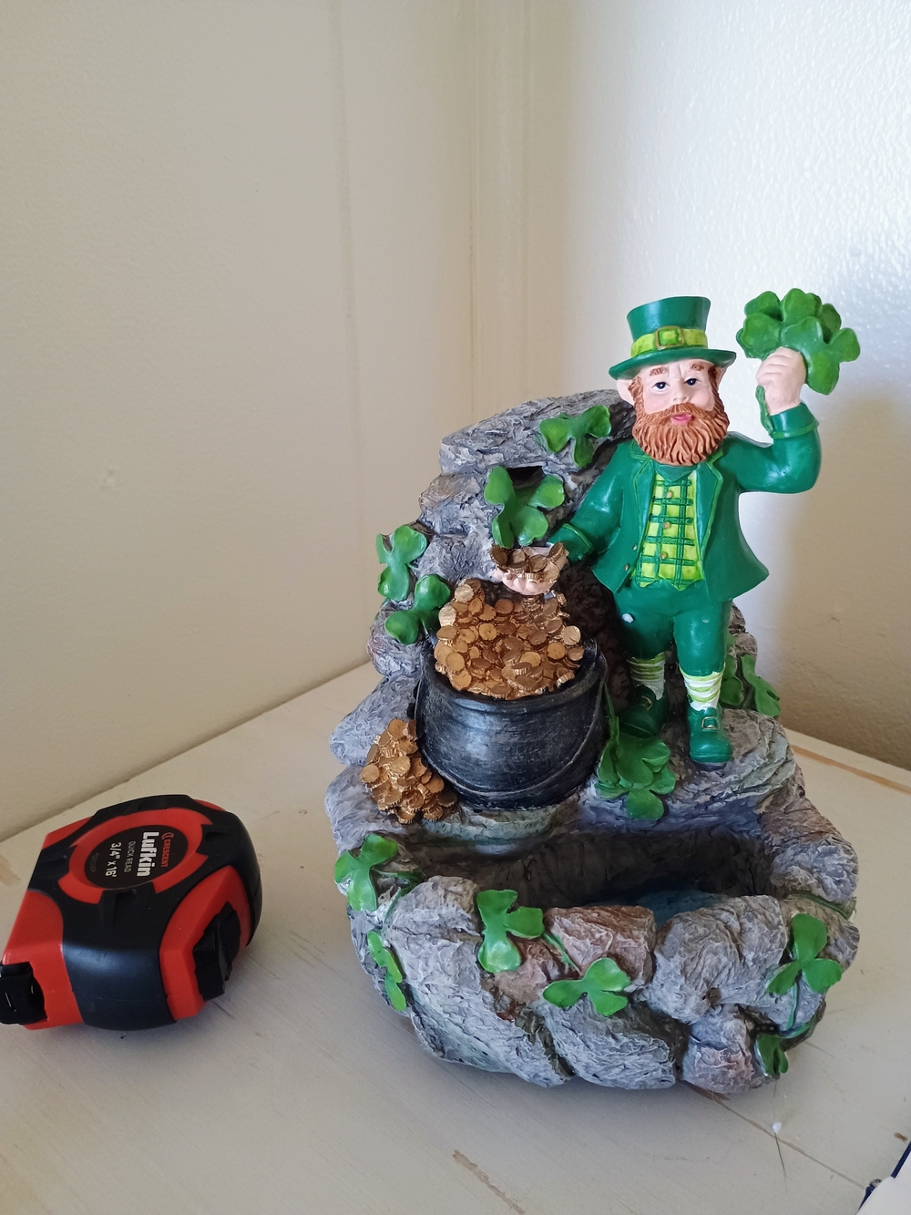 Green Leprechaun Tabletop Fountain Figurine with Gold Coins
